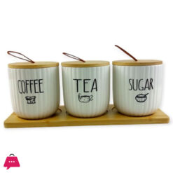 3-Piece Porcelain Canister Set With Wooden Lids Tray And Spoon