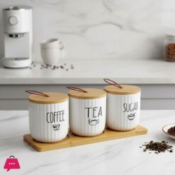 3-Piece Porcelain Canister Set With Wooden Lids Tray And Spoon