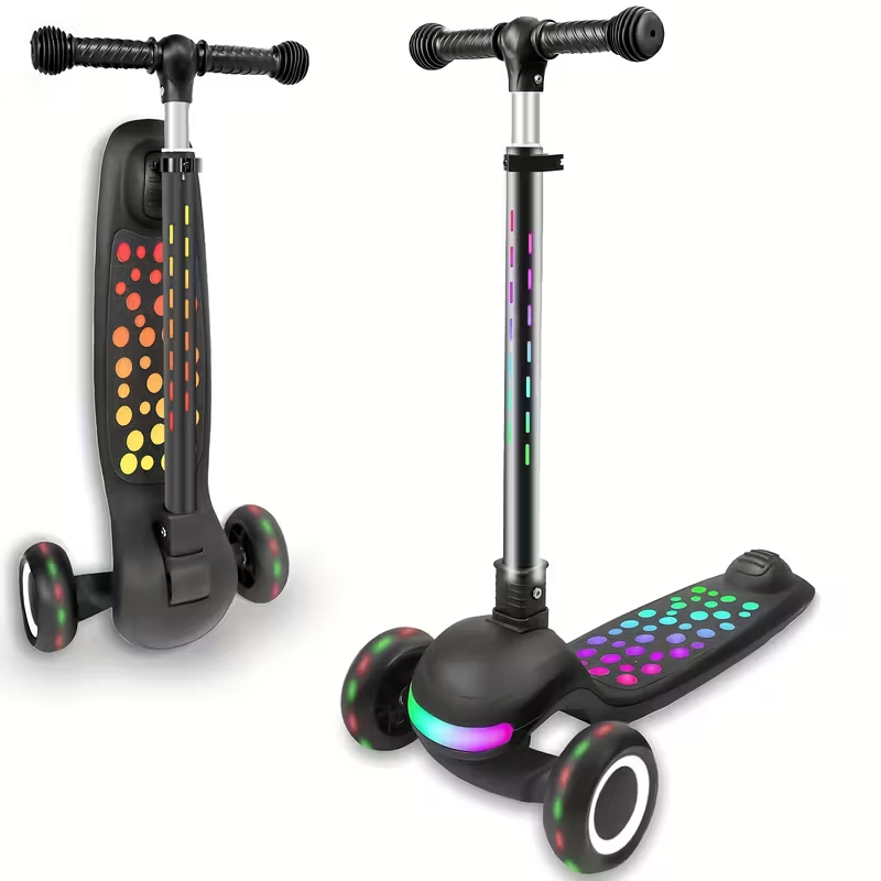 A One-Button Collapsible Scooter With Adjustable Height, Soft Handlebars With Lights