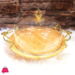 Bamboo Dish With Metal Stand &Amp; Plastic Cover-Golden Stand Cake Dish With Cover