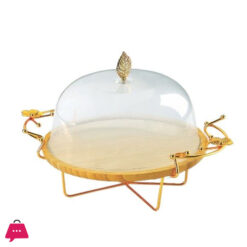 Bamboo Dish With Metal Stand &Amp; Plastic Cover-Golden Stand Cake Dish With Cover