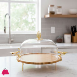 Bamboo Dish with Metal Stand & Plastic Cover-Golden Stand Cake Dish with Cover