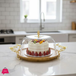 Bamboo Dish With Metal Stand &Amp; Plastic Cover-Golden Stand Cake Dish With Cover