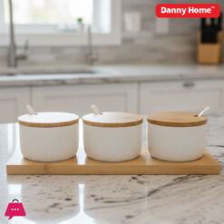 Bamboo Tray & Ceramic Bowls with Spoons