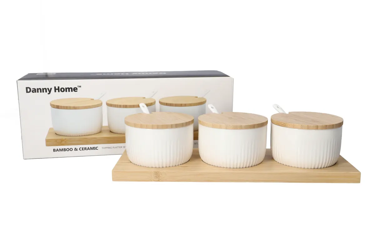 Bamboo Tray &Amp; Ceramic Bowls With Spoons 6 Bamboo Tray &Amp; Ceramic Bowls With Spoons