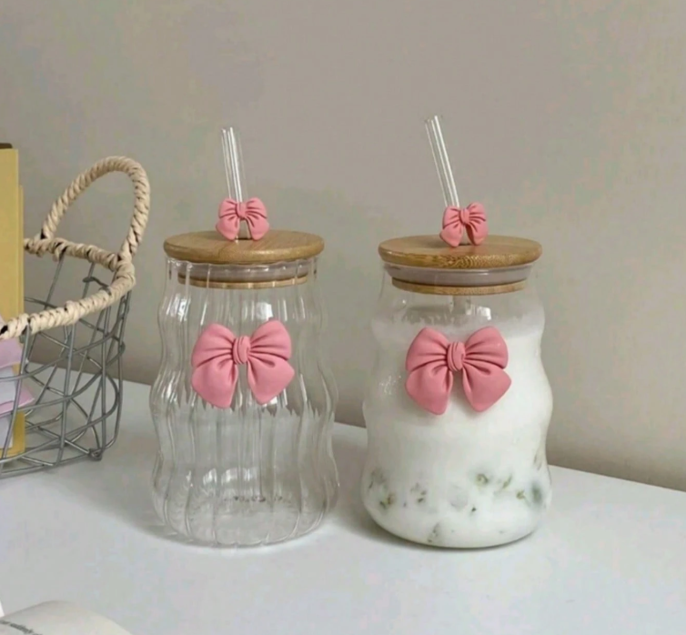 Bow Sipper With Glass Straw With Bamboo Lid Tumbler For Iced Coffee Smoothies Juice &Amp; Milk