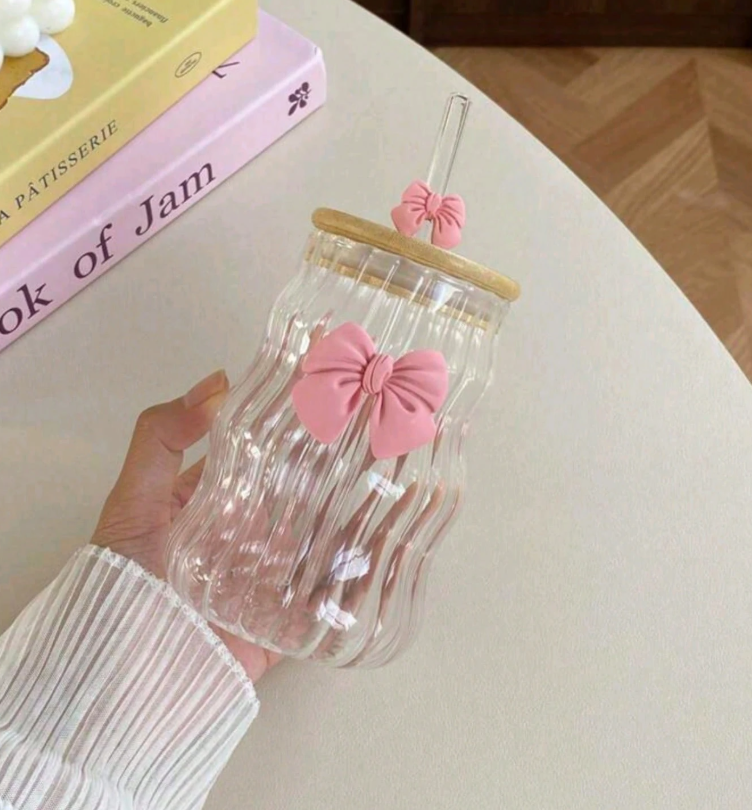 Bow Sipper With Glass Straw With Bamboo Lid Tumbler For Iced Coffee Smoothies Juice &Amp; Milk 6 Bow Sipper With Glass Straw With Bamboo Lid Tumbler For Iced Coffee Smoothies Juice &Amp; Milk