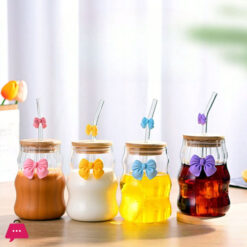 Bow Sipper with Glass Straw with Bamboo Lid Tumbler for Iced Coffee Smoothies Juice & Milk