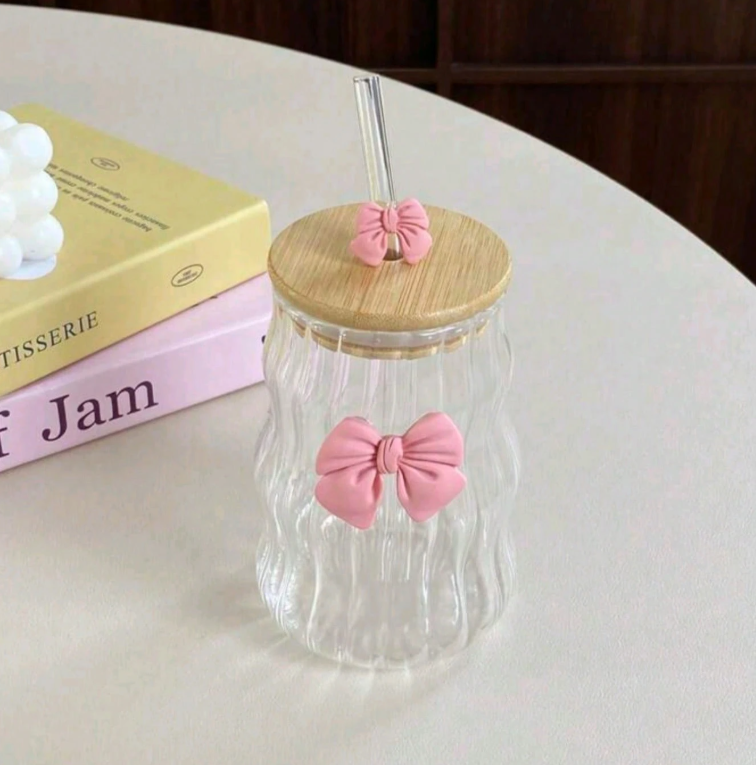 Bow Sipper With Glass Straw With Bamboo Lid Tumbler For Iced Coffee Smoothies Juice &Amp; Milk