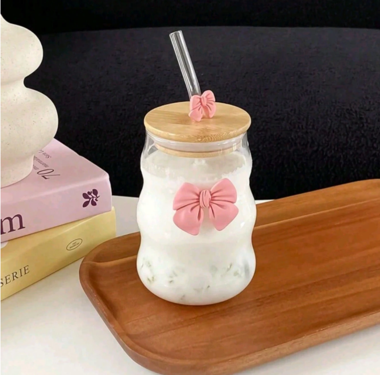 Bow Sipper With Glass Straw With Bamboo Lid Tumbler For Iced Coffee Smoothies Juice &Amp; Milk 8 Bow Sipper With Glass Straw With Bamboo Lid Tumbler For Iced Coffee Smoothies Juice &Amp; Milk