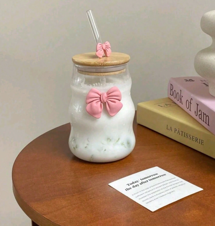 Bow Sipper With Glass Straw With Bamboo Lid Tumbler For Iced Coffee Smoothies Juice &Amp; Milk 9 Bow Sipper With Glass Straw With Bamboo Lid Tumbler For Iced Coffee Smoothies Juice &Amp; Milk