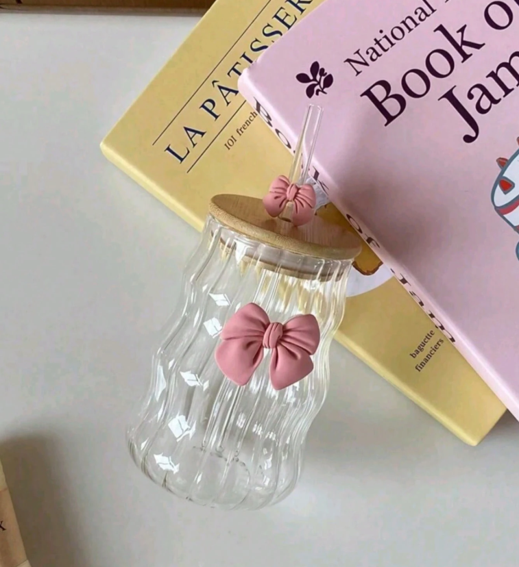 Bow Sipper With Glass Straw With Bamboo Lid Tumbler For Iced Coffee Smoothies Juice &Amp; Milk 10 Bow Sipper With Glass Straw With Bamboo Lid Tumbler For Iced Coffee Smoothies Juice &Amp; Milk