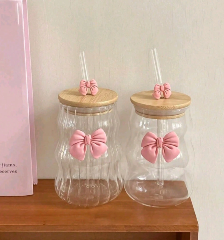 Bow Sipper With Glass Straw With Bamboo Lid Tumbler For Iced Coffee Smoothies Juice &Amp; Milk