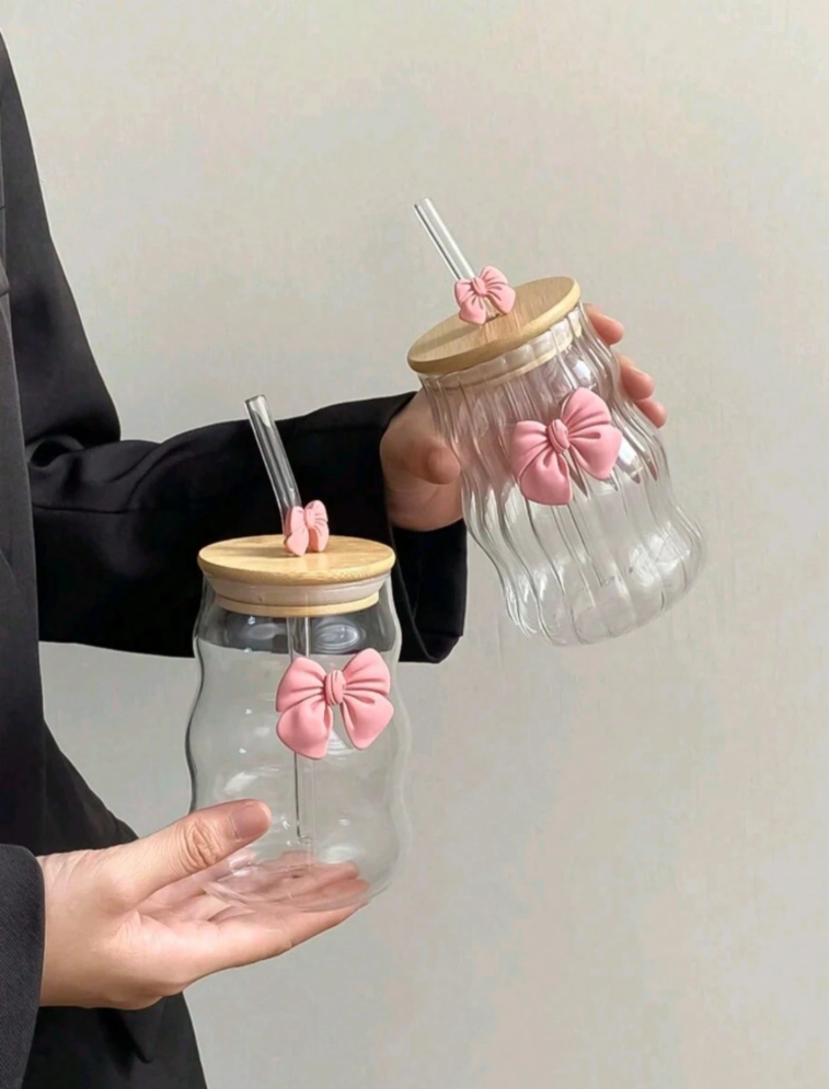 Bow Sipper With Glass Straw With Bamboo Lid Tumbler For Iced Coffee Smoothies Juice &Amp; Milk 4 Bow Sipper With Glass Straw With Bamboo Lid Tumbler For Iced Coffee Smoothies Juice &Amp; Milk