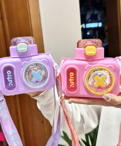 Cute Camera Plastic Water Bottle with Straw Student Back to School