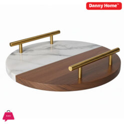 Marble Acacia Wooden Round Serving Platter With Handle 25CM