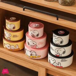 Snoopy Bowl Three Piece Set Crisper Box Child Cartoon Snoopy Ceramics Fresh Bowl with Lid Suit Girl Tableware Lunch Box Gift Box