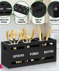 Spoon Caddy Wood Utensil Caddy with 3 Compartments Fork Spoon Holder