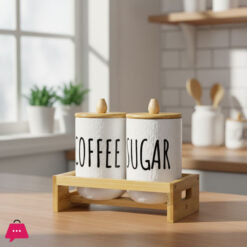 2-Piece Airtight Coffee & Sugar Ceramic Jar Set with Bamboo Rack - 1000g