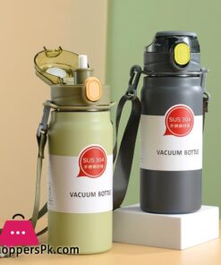 304 Sport Vacuum Flask With Straw Portable Thermos Mug With Strap 600ML
