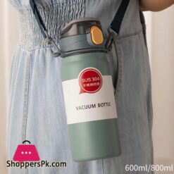 304 Sport Vacuum Flask With Straw Portable Thermos Mug With Strap 600Ml
