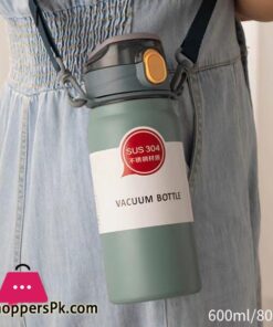 304 Sport Vacuum Flask With Straw Portable Thermos Mug With Strap 600Ml - Image 3