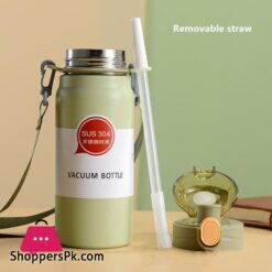 304 Sport Vacuum Flask With Straw Portable Thermos Mug With Strap 600Ml
