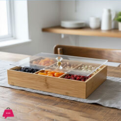 6 Partition Bamboo Wood Dry Fruit Box with Acrylic Cover