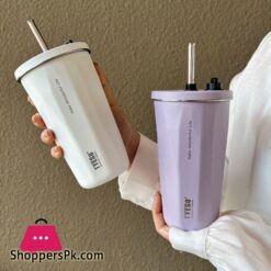 600Ml Insulated Coffee Cup With Straw Stainless Steel Iced Coffee Mug Tea Cold Drink Bottle Diamond Shaped Thermos Mug Tumbler