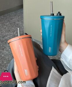 600Ml Insulated Coffee Cup With Straw Stainless Steel Iced Coffee Mug Tea Cold Drink Bottle Diamond Shaped Thermos Mug Tumbler - Image 3