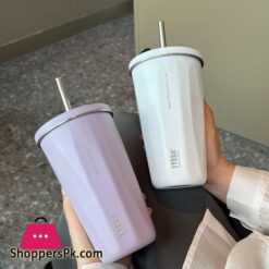 600Ml Insulated Coffee Cup With Straw Stainless Steel Iced Coffee Mug Tea Cold Drink Bottle Diamond Shaped Thermos Mug Tumbler