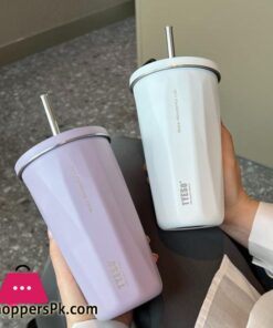600Ml Insulated Coffee Cup With Straw Stainless Steel Iced Coffee Mug Tea Cold Drink Bottle Diamond Shaped Thermos Mug Tumbler - Image 4