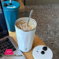 600Ml Insulated Coffee Cup With Straw Stainless Steel Iced Coffee Mug Tea Cold Drink Bottle Diamond Shaped Thermos Mug Tumbler