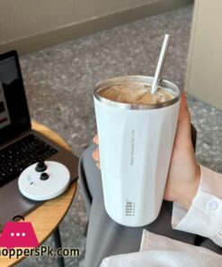 600Ml Insulated Coffee Cup With Straw Stainless Steel Iced Coffee Mug Tea Cold Drink Bottle Diamond Shaped Thermos Mug Tumbler - Image 6