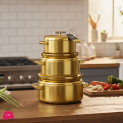 Elegant Hot Pot Set Stainless Steel Inner Material 3 Pieces Wooden Handle