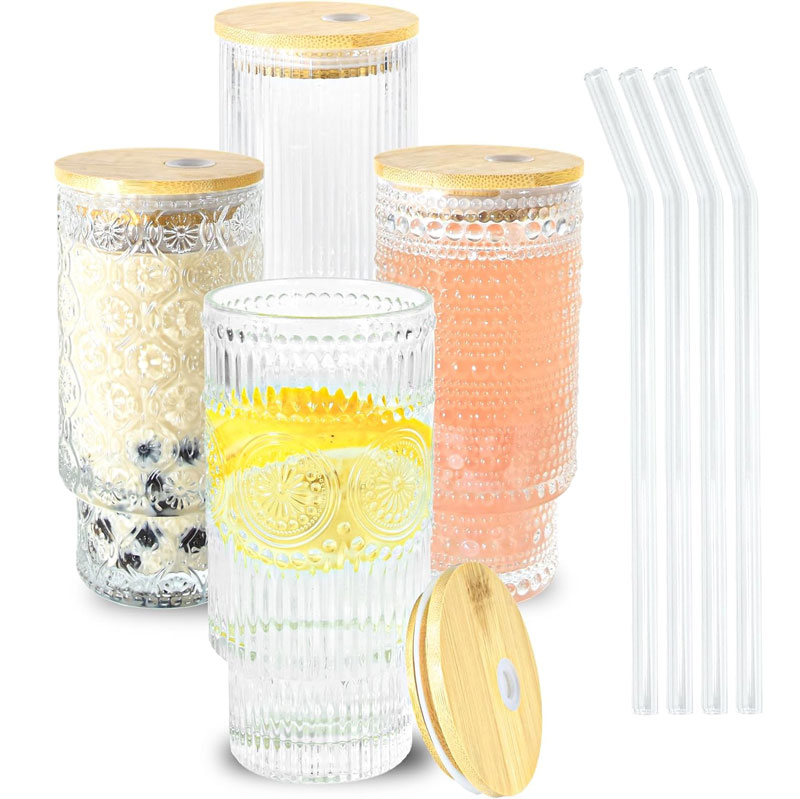 Ice Sip Drinking Glasses Cups Set With Bamboo Lids Straws Glassware For Mojito Iced Coffee Cocktail 4 Pattern 6 Ice Sip Drinking Glasses Cups Set With Bamboo Lids Straws Glassware For Mojito Iced Coffee Cocktail 4 Pattern