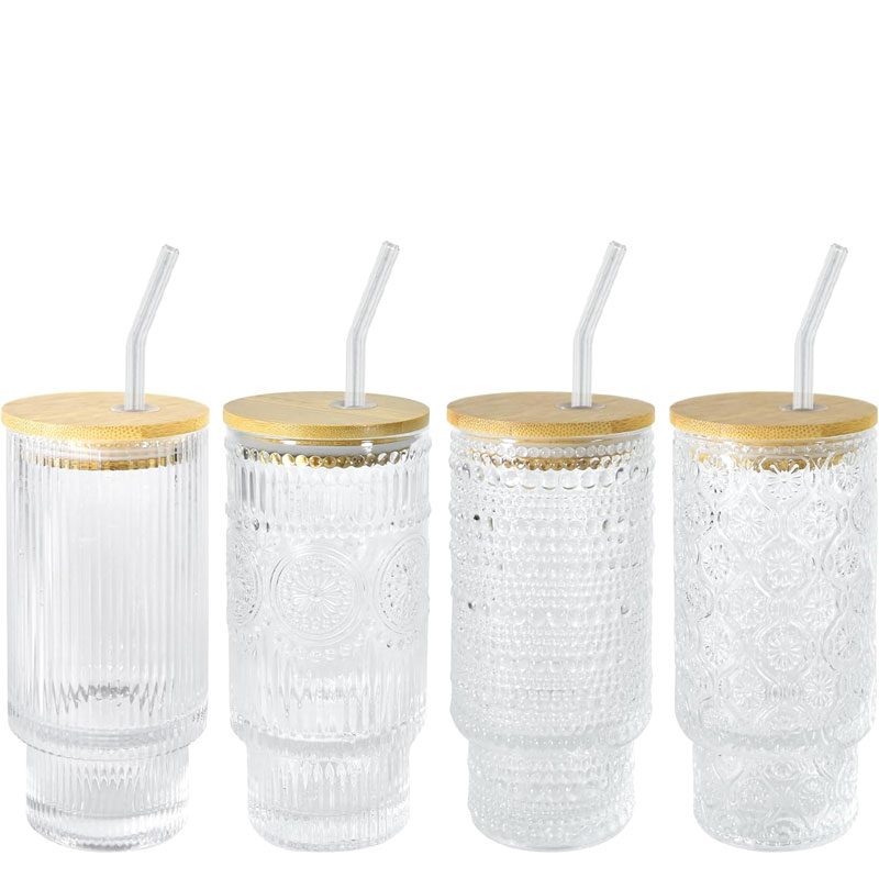Ice Sip Drinking Glasses Cups Set With Bamboo Lids Straws Glassware For Mojito Iced Coffee Cocktail 4 Pattern