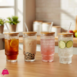 Ice Sip Drinking Glasses Cups Set with Bamboo Lids Straws Glassware for Mojito Iced Coffee Cocktail 4 Pattern