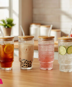 Ice Sip Drinking Glasses Cups Set with Bamboo Lids Straws Glassware for Mojito Iced Coffee Cocktail 4 Pattern