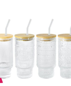 Ice Sip Drinking Glasses Cups Set With Bamboo Lids Straws Glassware For Mojito Iced Coffee Cocktail 4 Pattern - Image 2