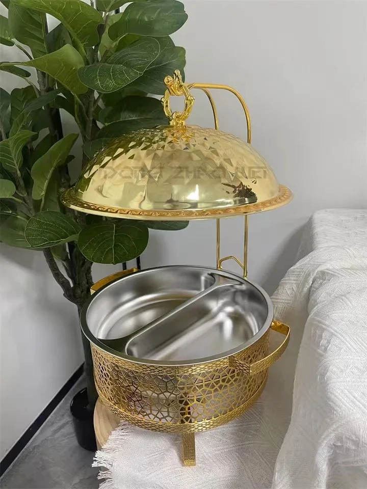 8L Gold Double Basin Large Stainless Steel Gold Round Hanging Food Warmer Chafing Dish Buffet