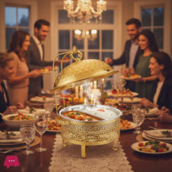 8L Gold Double Basin Large Stainless Steel Gold Round Hanging Food Warmer Chafing Dish Buffet