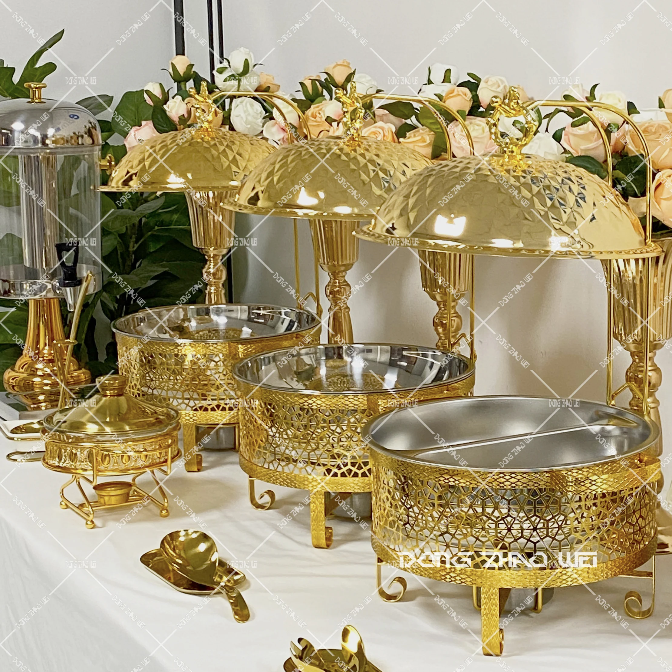 8L Gold Double Basin Large Stainless Steel Gold Round Hanging Food Warmer Chafing Dish Buffet