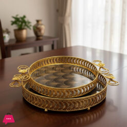 Round Metal Mirror Makeup Tray Jewelry Trinket Tray Cosmetic Perfume Tray For Dresser Bathroom Bedroom Countertop Organizer Tray 2Pc