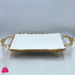 Elegant Golden Rectangular Serving Tray With Textured Porcelain Platter