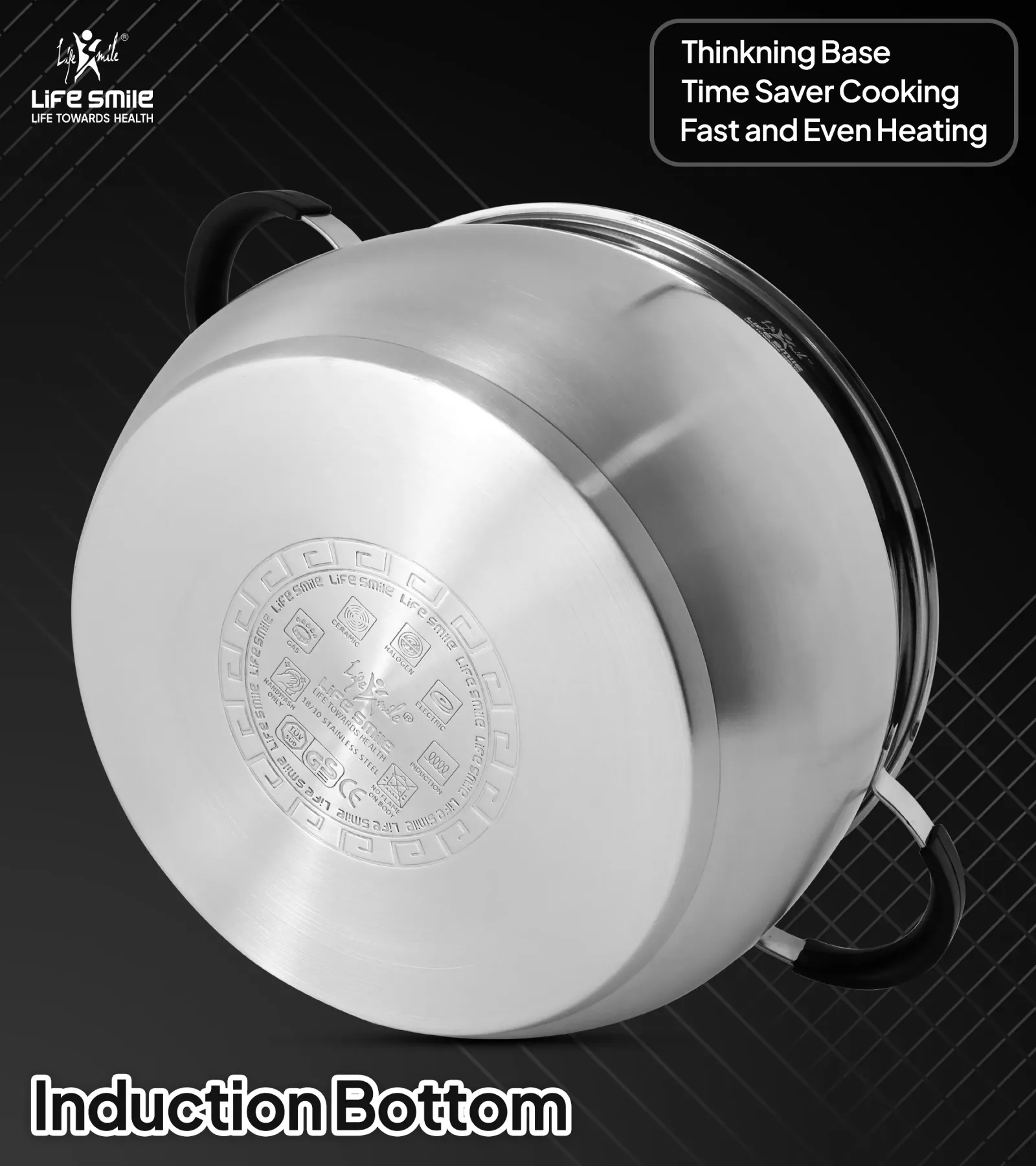 Life Smile Induction Bottom, Silicone Handles &Amp; Glass Lids Stainless Steel 18/10 Cookware 10 Pieces