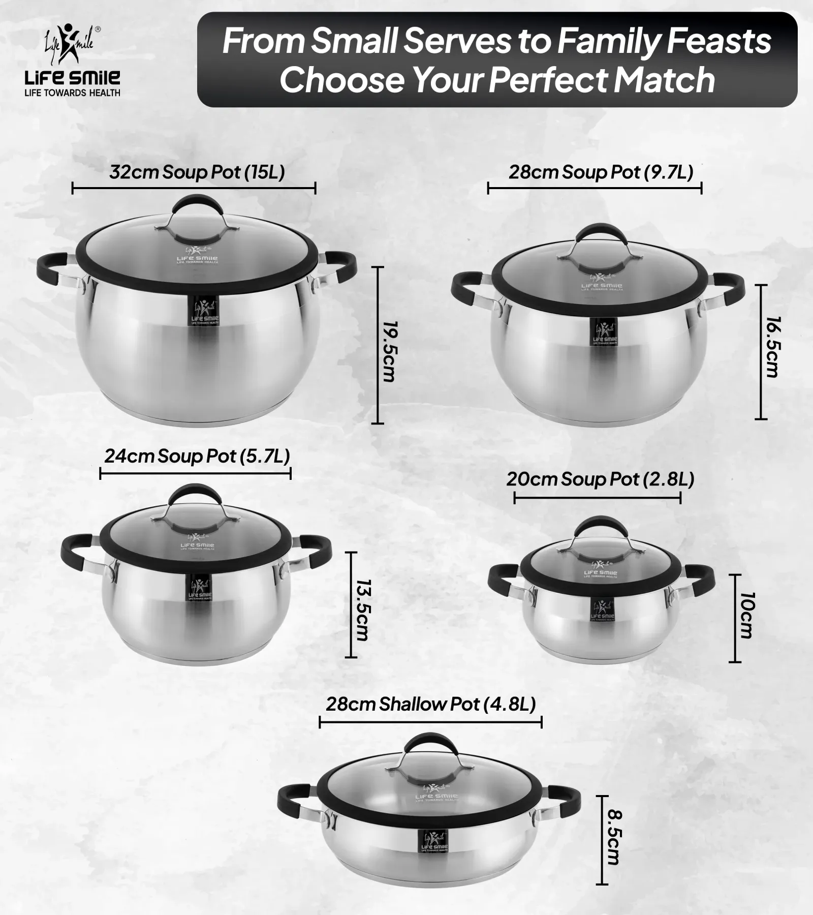 Life Smile Induction Bottom, Silicone Handles &Amp; Glass Lids Stainless Steel 18/10 Cookware 10 Pieces