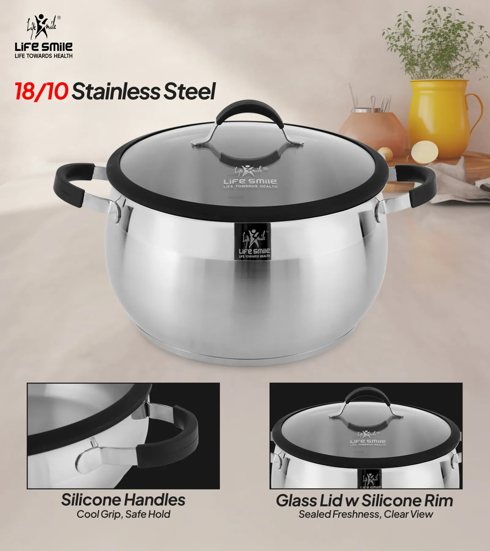 Life Smile Induction Bottom, Silicone Handles &Amp; Glass Lids Stainless Steel 18/10 Cookware 10 Pieces