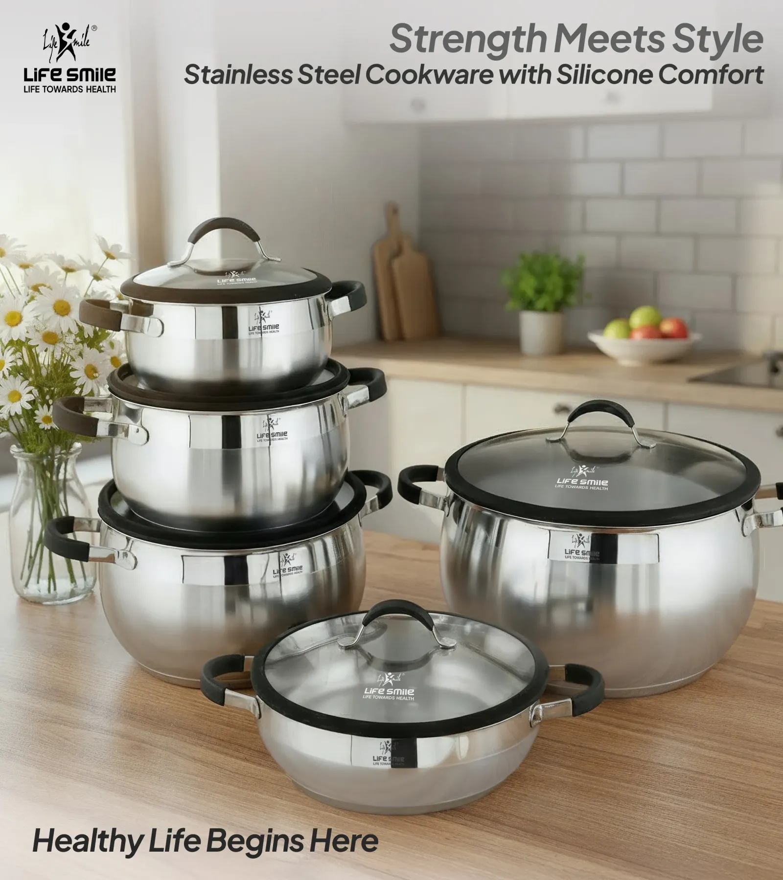 Life Smile Induction Bottom, Silicone Handles &Amp; Glass Lids Stainless Steel 18/10 Cookware 10 Pieces