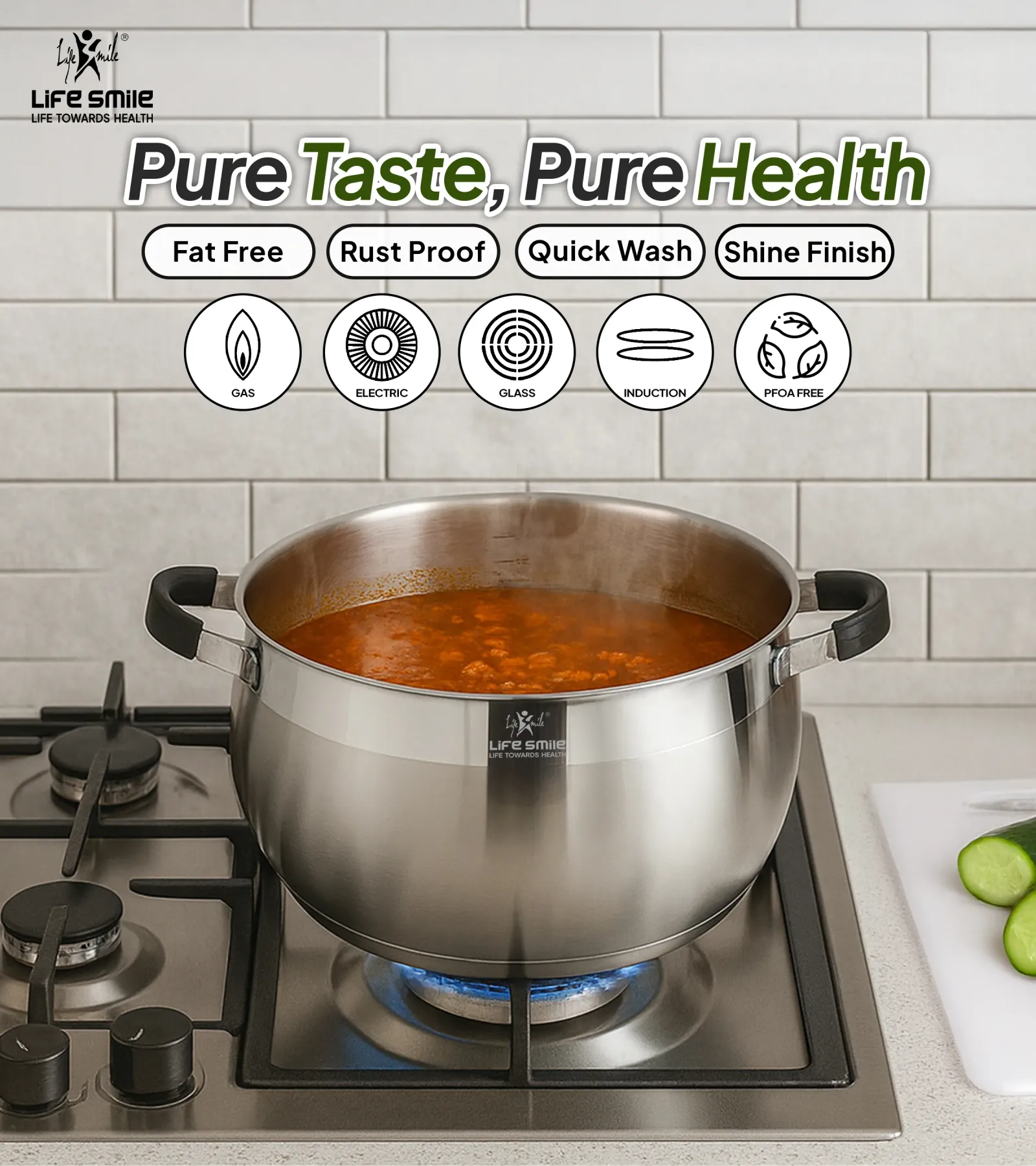 Life Smile Induction Bottom, Silicone Handles &Amp; Glass Lids Stainless Steel 18/10 Cookware 10 Pieces